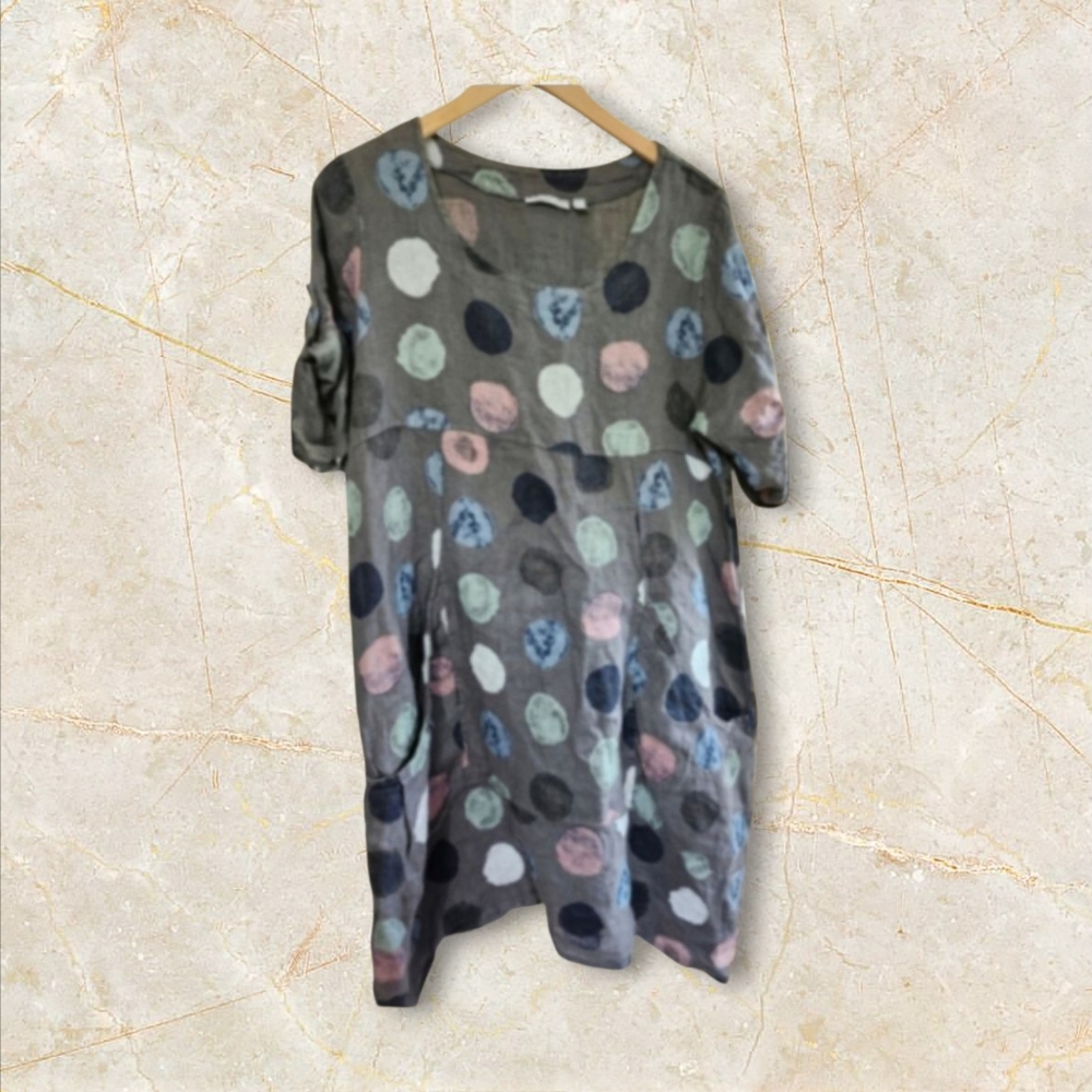 VASANA Linen Polka Dot Lagenlook Dress - Gray, Made in Italy, Size L●